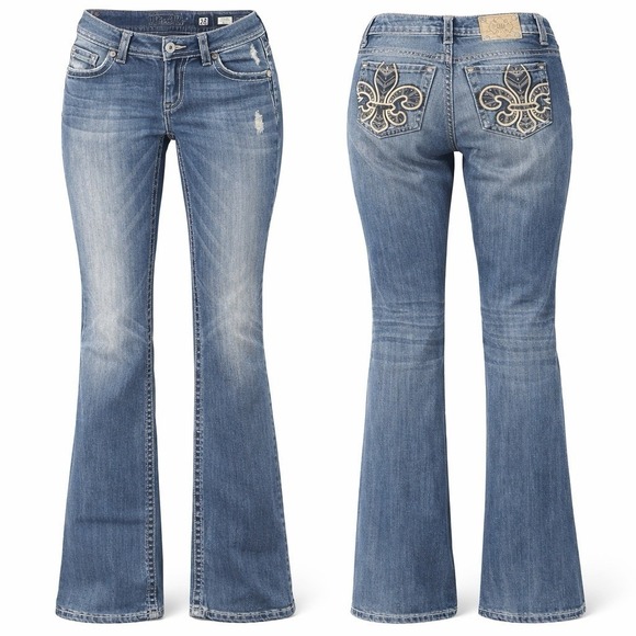 Miss Me Boot Womens 28 Embellished Fleur De Lis  Jeans THICK STITCH WHISKERING - Picture 2 of 10
